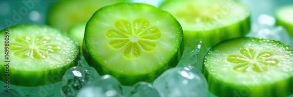 Fototapeta Close-up of vibrant green cucumber slices, glistening with condensation, resting on a bed of ice  Perfect for refreshing summer drinks and healthy recipes ,  farm,  macro