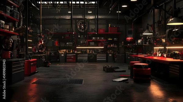 Fototapeta Empty Modern Garage Workshop Interior With Red Tools And Lighting