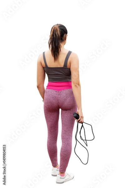 Obraz Young sporty woman with skipping rope, back view. isolated on a transparent background