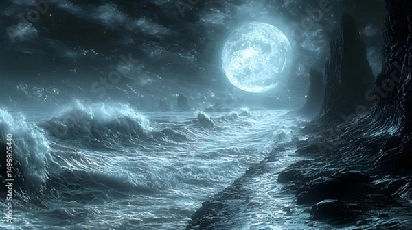 Fototapeta A surreal nightscape depicts a turbulent ocean under a colossal moon; dark rocky cliffs frame the scene offe ample copy space for text and design elements creating a realistic