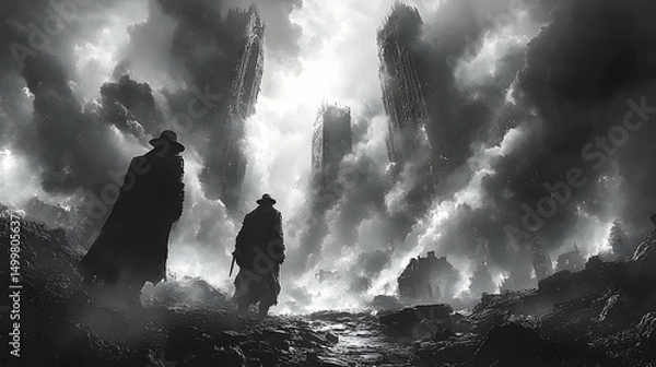 Fototapeta Dark landscape with two figures, ominous towers and billowing clouds in black and white