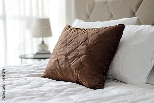 Fototapeta Soft brown decorative pillow resting on a neatly made bed with white linens in a bright room