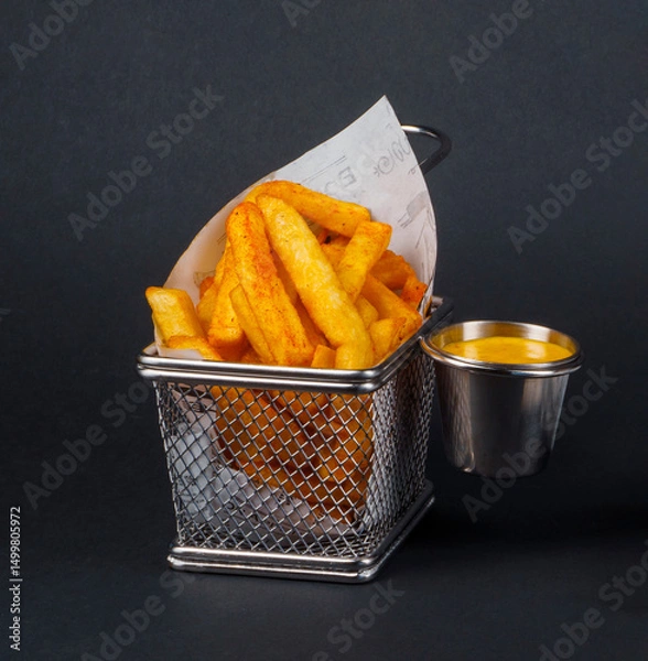 Fototapeta Delicious golden french fries with dipping sauce in a metal basket