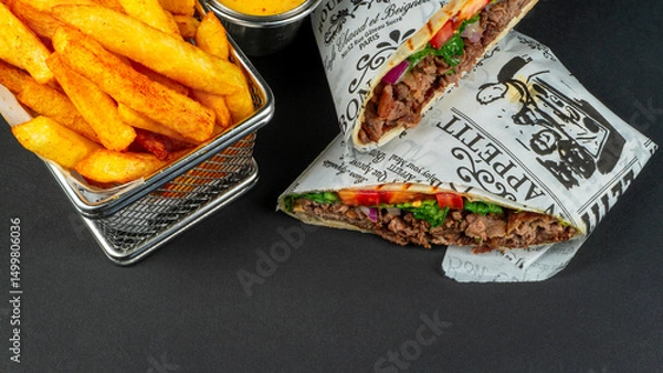 Fototapeta Delicious Beef Wrap Shawarma with Fresh Vegetables and French Fries,top view