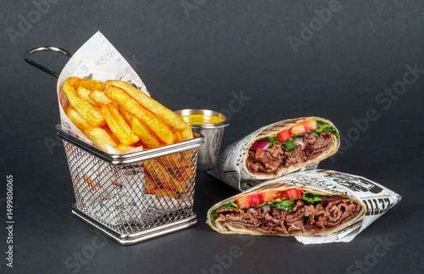 Fototapeta Delicious Beef Wrap Shawarma with Fresh Vegetables and French Fries