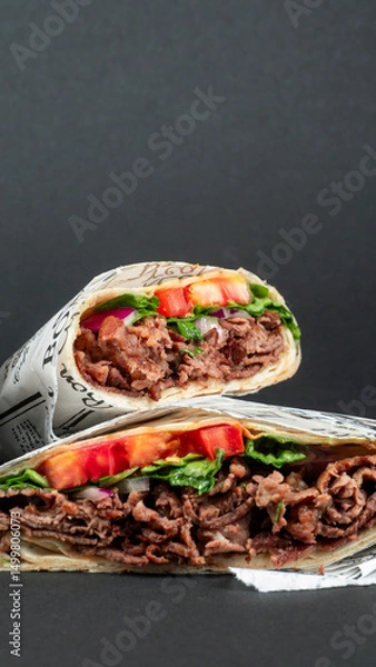 Fototapeta Delicious Beef Wrap Shawarma with Fresh Vegetables and French Fries,copy space