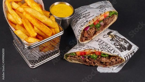 Fototapeta Delicious Beef Wrap Shawarma with Fresh Vegetables and French Fries