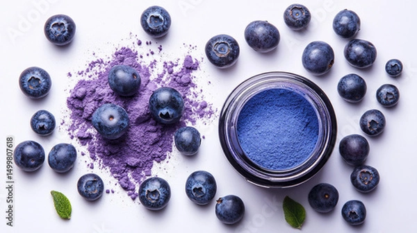 Fototapeta Blueberries and powdered pigment arranged artfully on a white background showcasing vibrant colors and textures