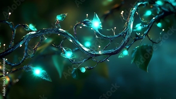 Fototapeta Glowing leaves and vine lights wallpaper background for desktop and mobile aesthetic screensaver art