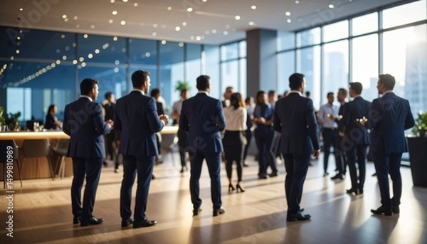 Obraz Blurred shot of business people at party or corporate event in office center
