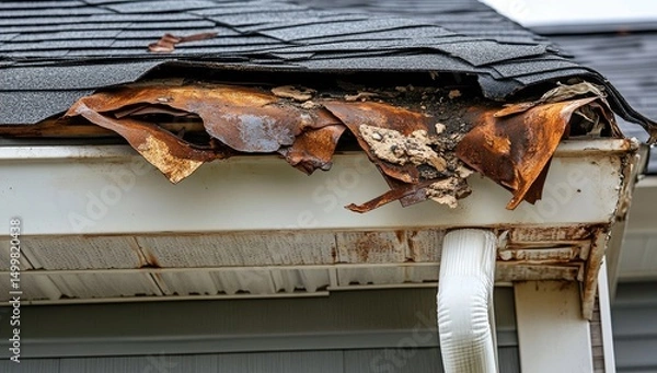 Fototapeta Damaged roofing and gutter system, rusty metal sheets