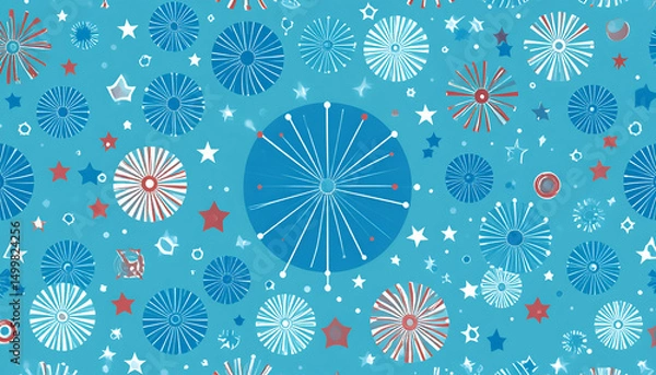 Fototapeta Abstract blue background with repeating circular and star-shaped patterns.