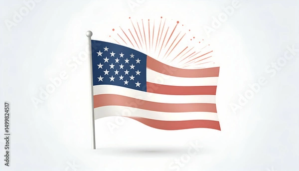 Fototapeta An American flag waving with sunburst rays against a white background.