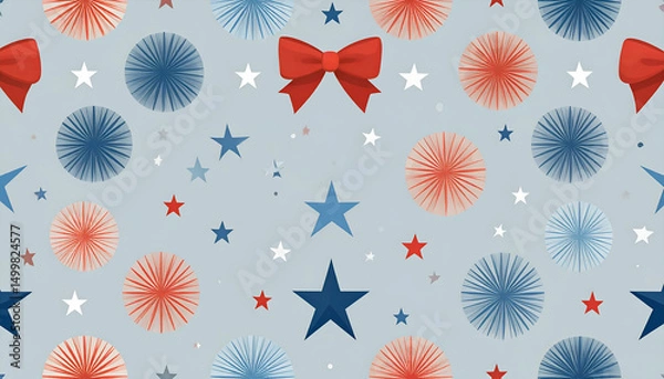 Fototapeta Festive pattern features stars bows and circular shapes in red white and blue.