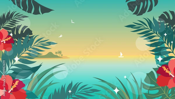 Fototapeta Summer background frame with leaves, flowers and sea in vector.