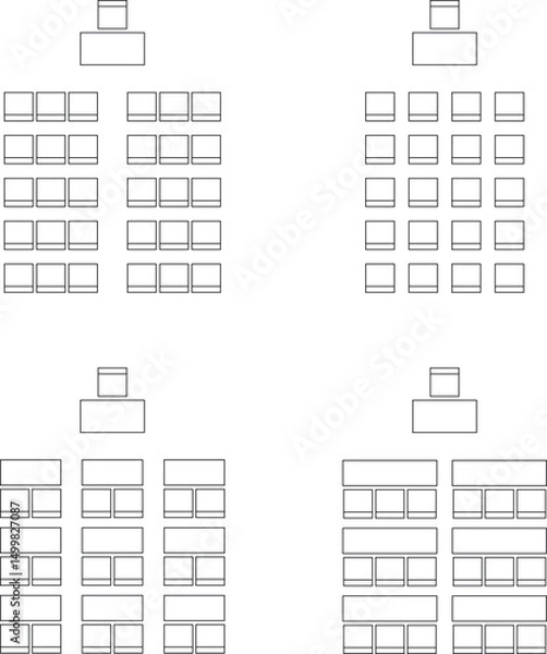 Fototapeta Seat plan for classroom, auditorium, theater, lecture hall, meeting, conference, training, business event, chair and table, customizable stroke, vector, illustration