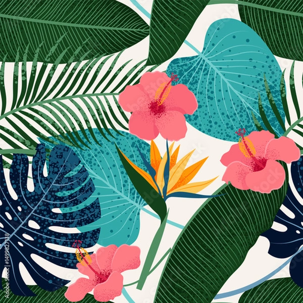 Fototapeta Tropical Leaves and Hibiscus, and Strelitzia Flowers seamless pattern. Bright Summer background. Flat Vector illustration