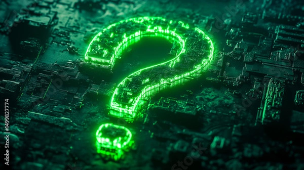 Obraz Glowing green question mark on a dark rocky background