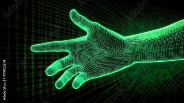 Obraz Green, glowing wireframe hand in cyberspace on a dark background