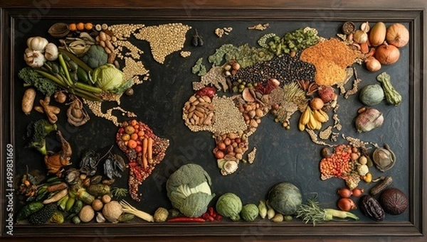 Fototapeta World map adorned with diverse foods
