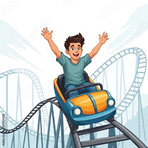 Fototapeta Teenage boy cartoon character enjoying rollercoaster ride racing along rails in amusement park, vector art