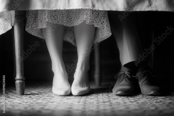 Obraz Intimate Touch Beneath the Table – Black & White.symbolizing subtle affection, connection, and vintage love.