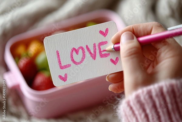 Obraz  Handwritten ‘Love’ Note for Lunchbox Surprise. expressing care, affection, and emotional warmth.