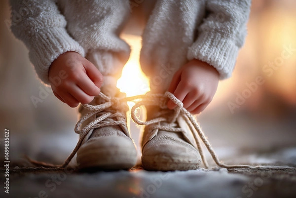 Obraz Close-Up of a Child Tying Shoelaces in Cozy Winter Clothes at Sunrise