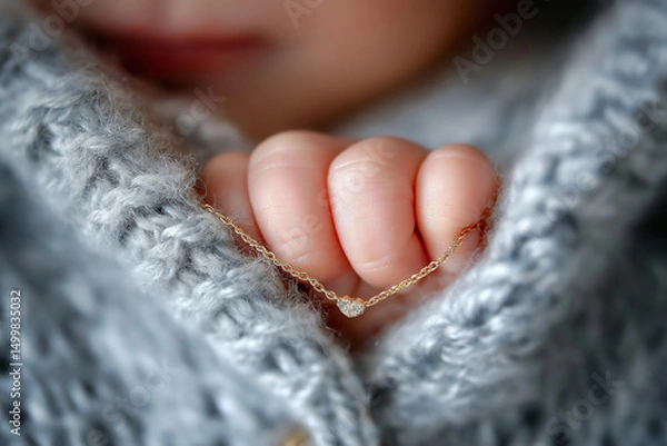 Obraz A soft close-up of a baby gently clutching a gold necklace, symbolizes new beginnings, love, and precious bonds.
