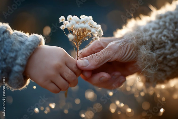 Obraz Child Giving Flowers to Elderly Hand – Generations United in Love. shallow depth of field. 