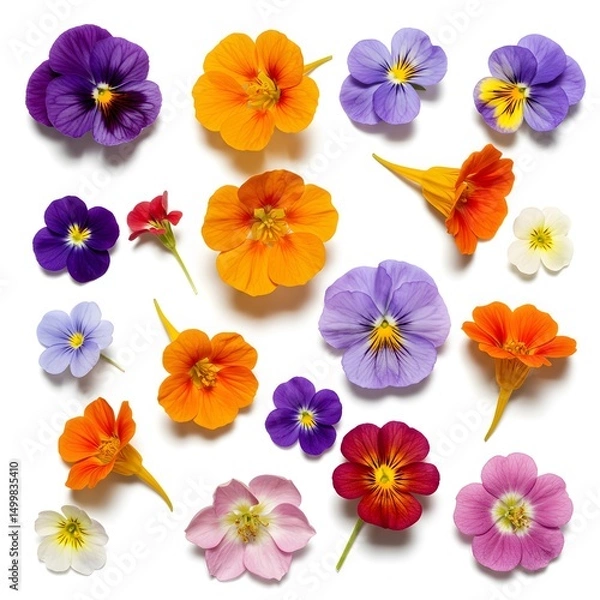 Fototapeta Assorted edible flowers isolated on white background.