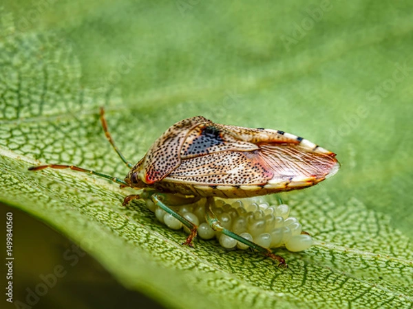 Fototapeta Close-Up of a Parent Bug on a Leaf with Eggs in Nature