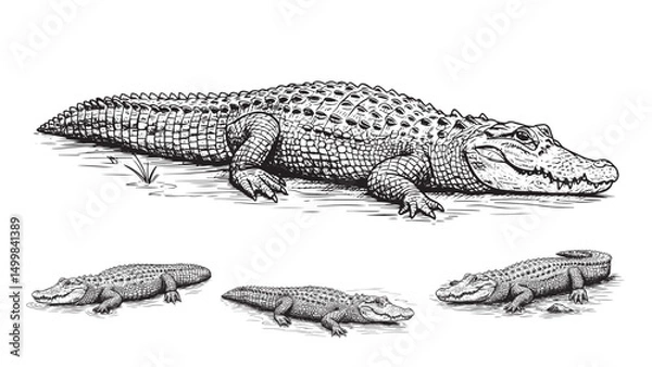 Fototapeta Engraved alligator resting in swamp with textured back closed eyes relaxed posture natural wetland background feel