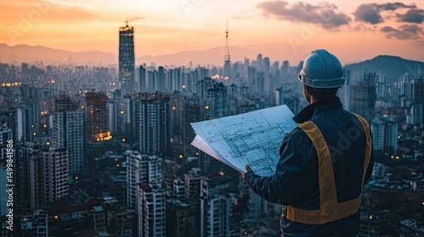 Obraz Construction engineer reviewing blueprints against a city skyline. 