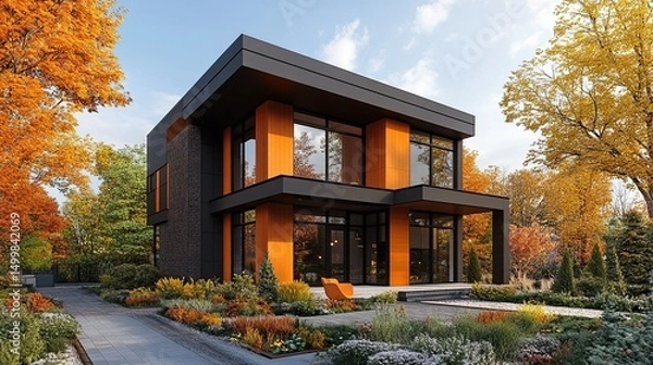 Obraz Contemporary house with a striking facade and warm color palette.