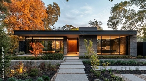 Obraz Contemporary house with a striking facade and warm color palette.