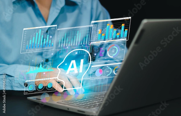 Fototapeta Businessperson. AI Analyze and marketing prediction analysis. Artificial intelligence analyzing customer behavior data. Data scientist using laptop computer to give instructions to AI.