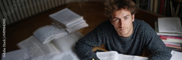 Fototapeta Remote learning student surrounded by books in a home study environment