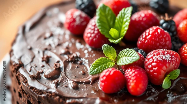 Fototapeta Delicious Chocolate Cake with Fresh Berries and Mint Garnish for Dessert
