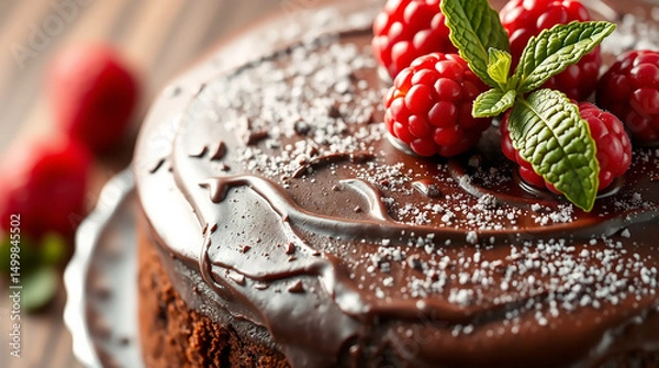 Fototapeta Delicious Chocolate Cake with Fresh Berries and Mint Garnish for Dessert