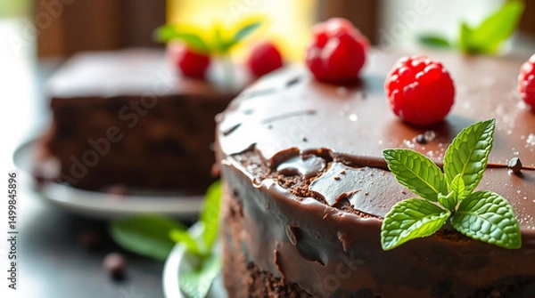 Fototapeta Delicious Chocolate Cake with Fresh Berries and Mint Garnish for Dessert