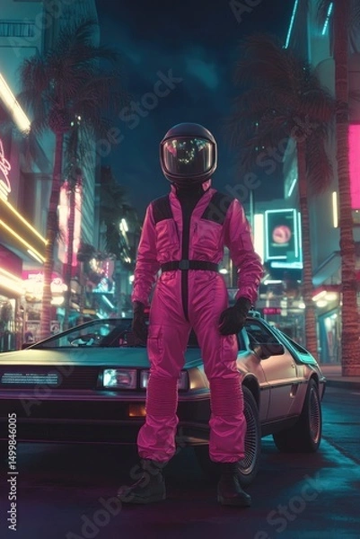 Obraz Futuristic astronaut in vibrant pink suit stands beside a retro car in a neon-lit city