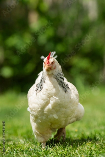 Fototapeta Hen walking towards the camera in the green meadow