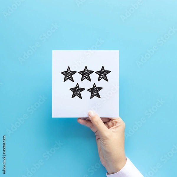 Fototapeta review rating and feedback concept. customer holding paper with very good satisfied review by give five star for service experience