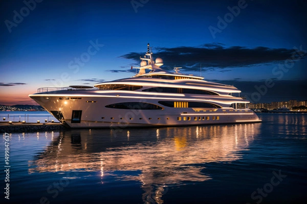 Fototapeta Luxury yacht illuminated at dusk. The large ship is docked with lights reflecting in the water under a colorful sky. It is nighttime at the harbor.
