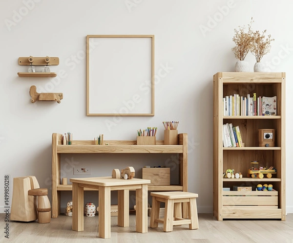 Fototapeta 3D Render of Cute Wooden Kids Shelf on White Wall