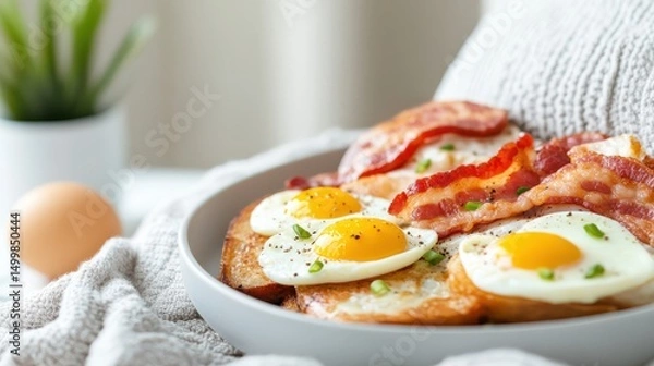 Obraz Delicious Bowl of Breakfast with Eggs and Crispy Bacon Served Fresh