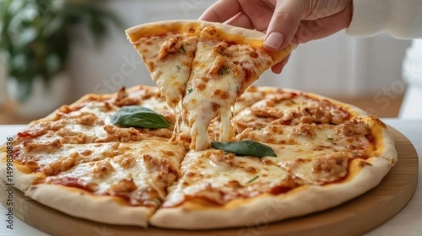 Obraz Person Taking a Delicious Slice of Freshly Baked Pizza with Joy