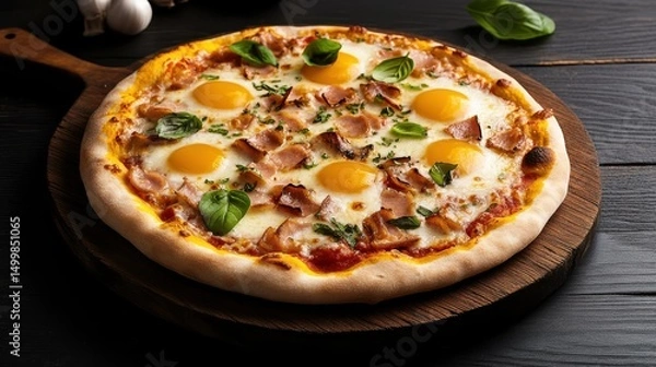 Obraz Delicious Pizza Topped with Eggs and Ham Served Hot on Rustic Wooden Board