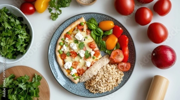 Obraz Vibrant Plate of Fresh Vegetables and Rice with Juicy Red Tomatoes